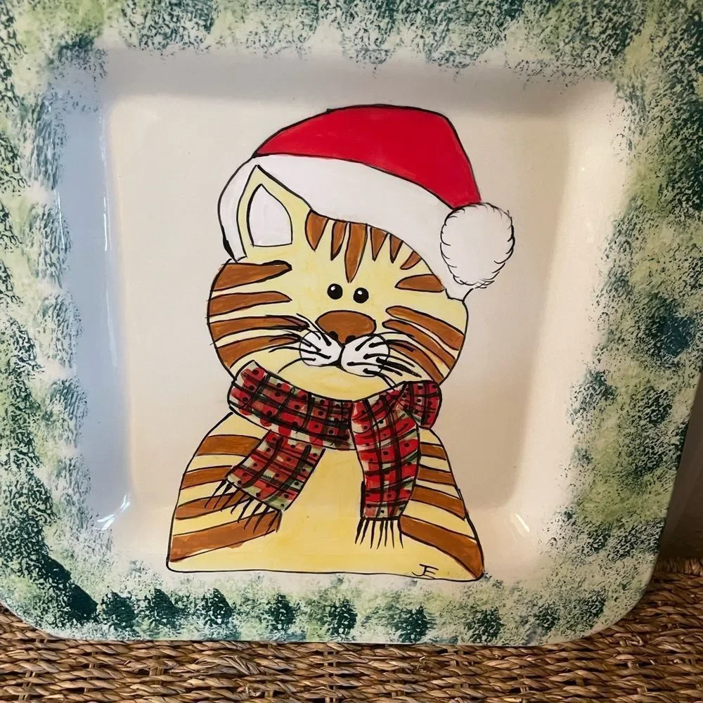 Ceramic Large Vintage Orange Cat Santa Serving Platter 13x13!